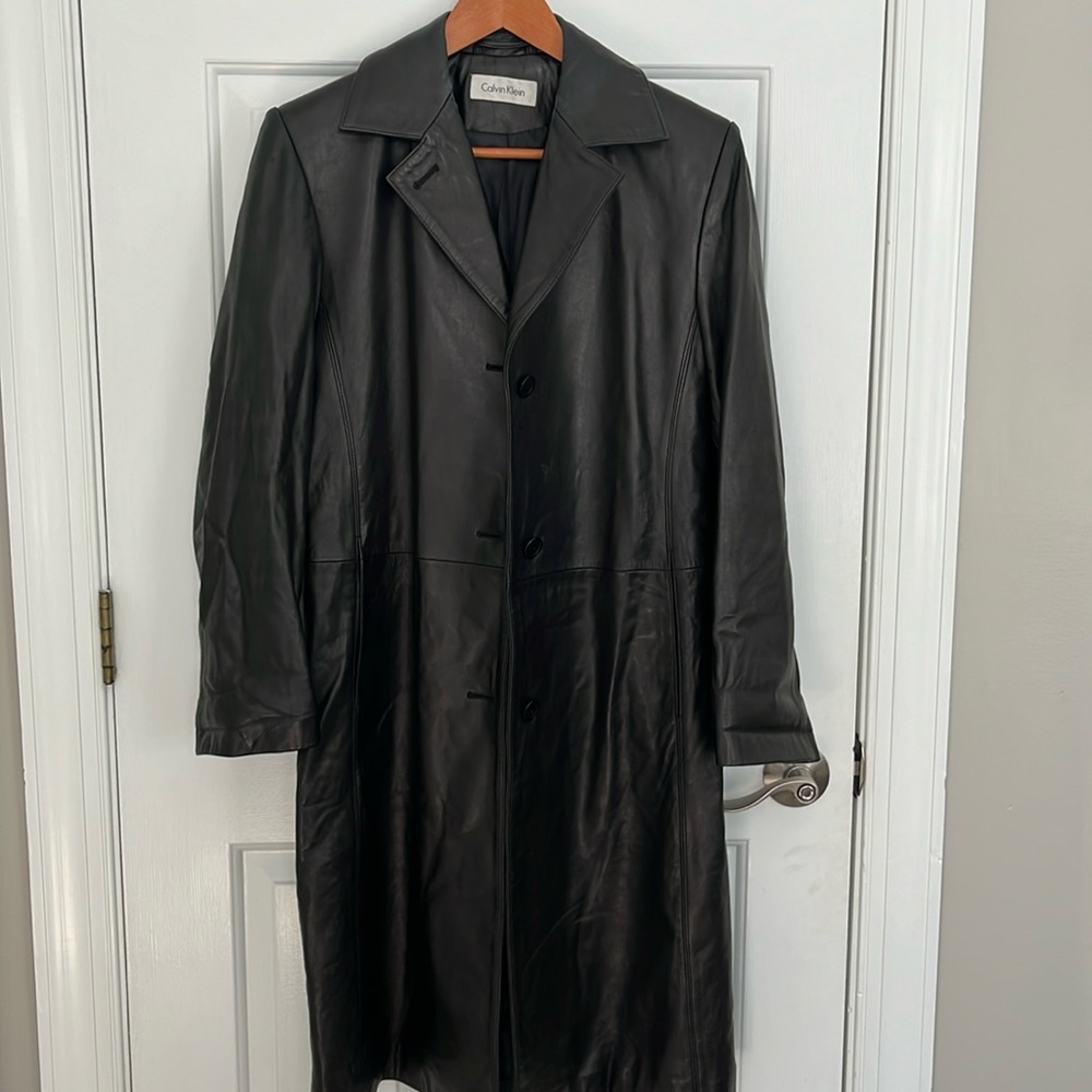 Calvin Klein women’s lamb leather trench.  Black